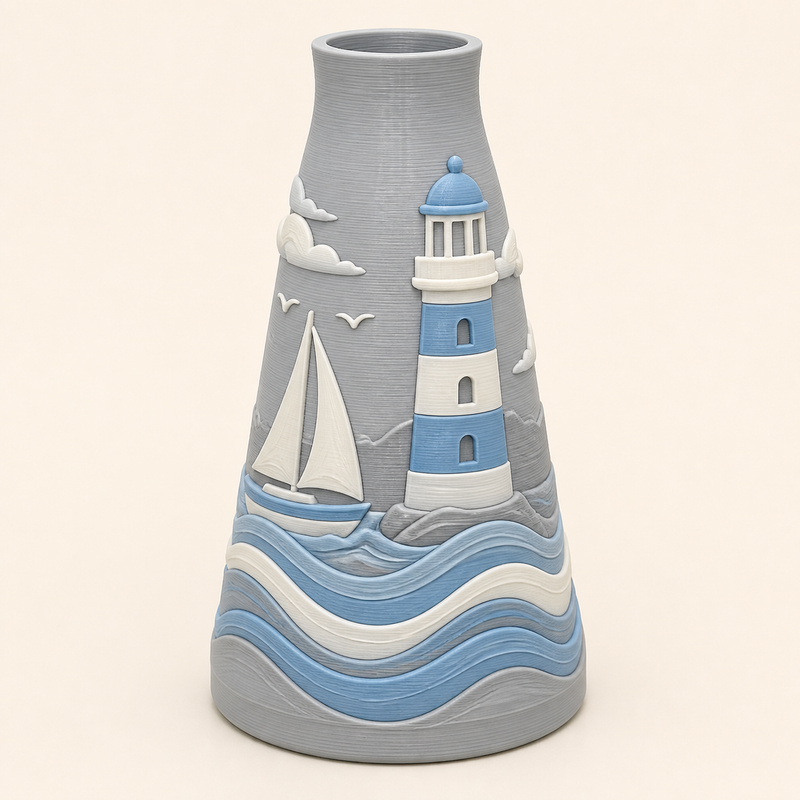 Küsten-Trockenblumen-Vase Hafentor aus 3D-gedrucktem PETG in Nebelgrau, Himmelblau, Warmweiß
