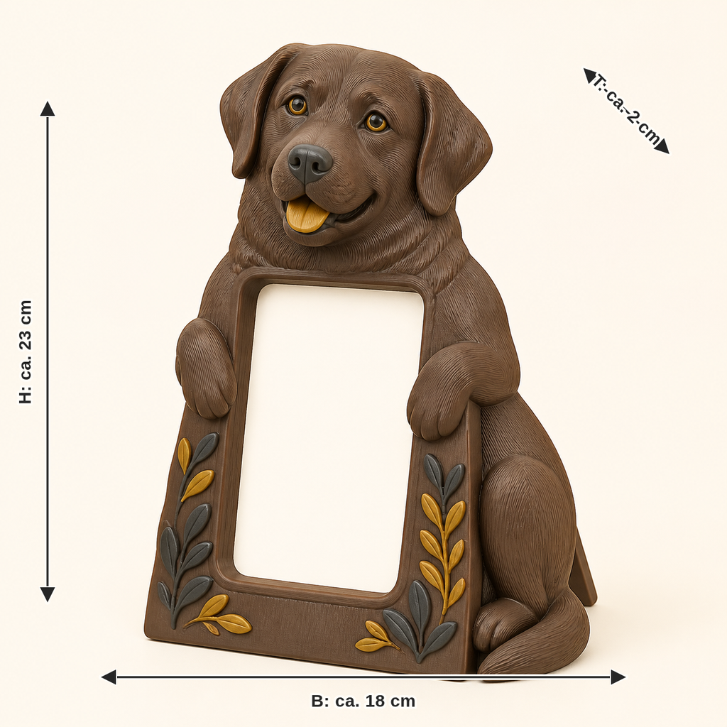 Maßbild für Labrador Retriever-Bilderrahmen Portrait-Rahmen: Breite ca. 18 cm, Tiefe ca. 2 cm, Höhe ca. 23 cm