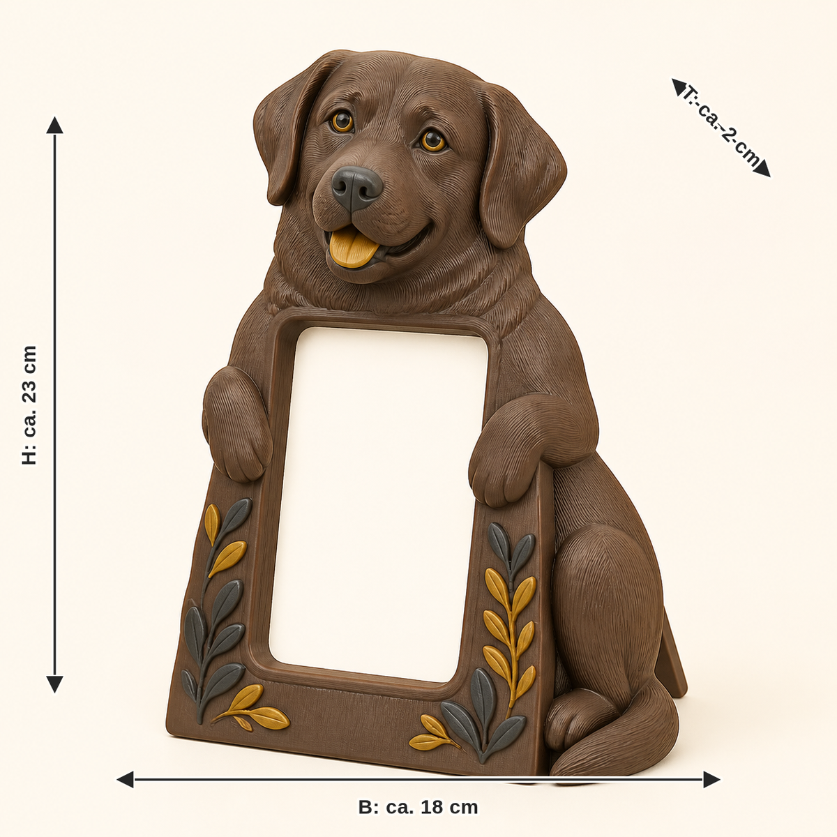 Maßbild für Labrador Retriever-Bilderrahmen Portrait-Rahmen: Breite ca. 18 cm, Tiefe ca. 2 cm, Höhe ca. 23 cm