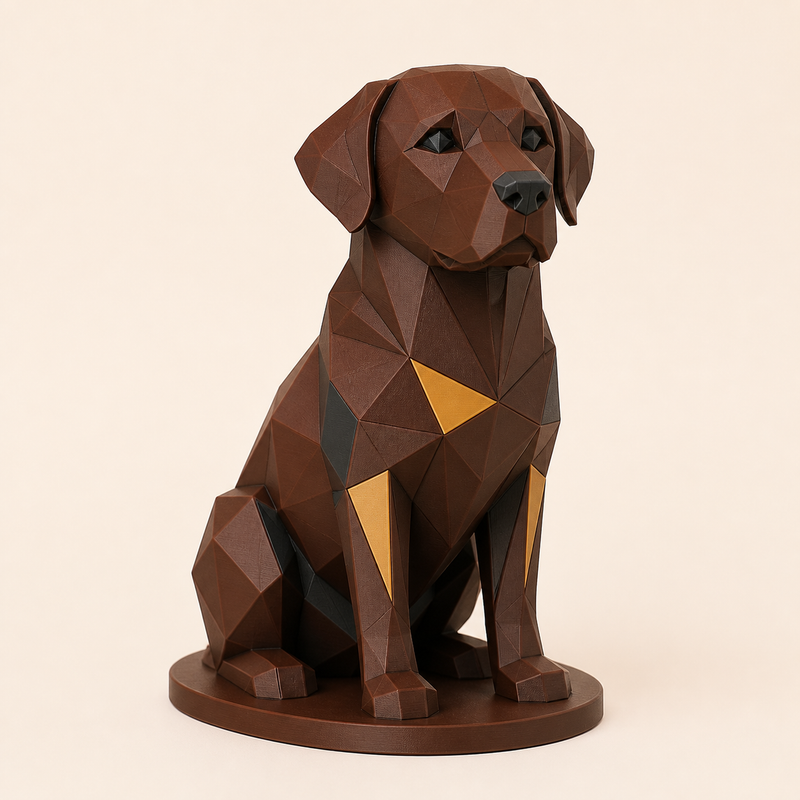 Labrador Retriever-Low-Poly-Skulptur Facettenfigur aus 3D-gedrucktem PETG in Kastanienbraun, Anthrazit, Ockergelb