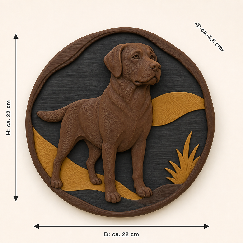Maßbild für Labrador Retriever-Wandrelief Tierporträt: Breite ca. 22 cm, Tiefe ca. 1.8 cm, Höhe ca. 22 cm