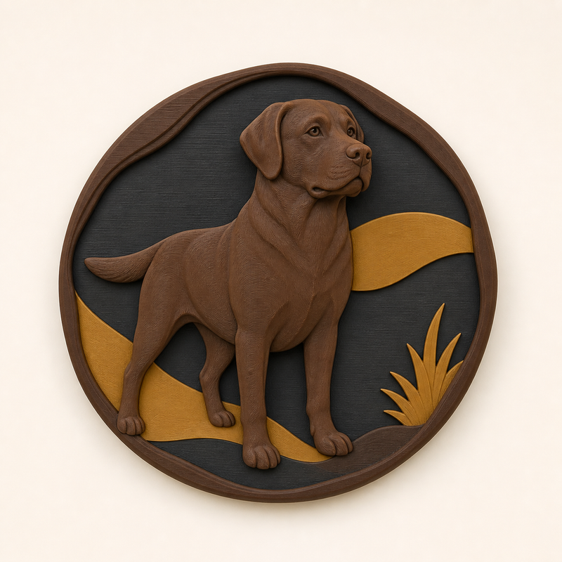 Labrador Retriever-Wandrelief Tierporträt aus 3D-gedrucktem PETG in Kastanienbraun, Anthrazit, Ockergelb