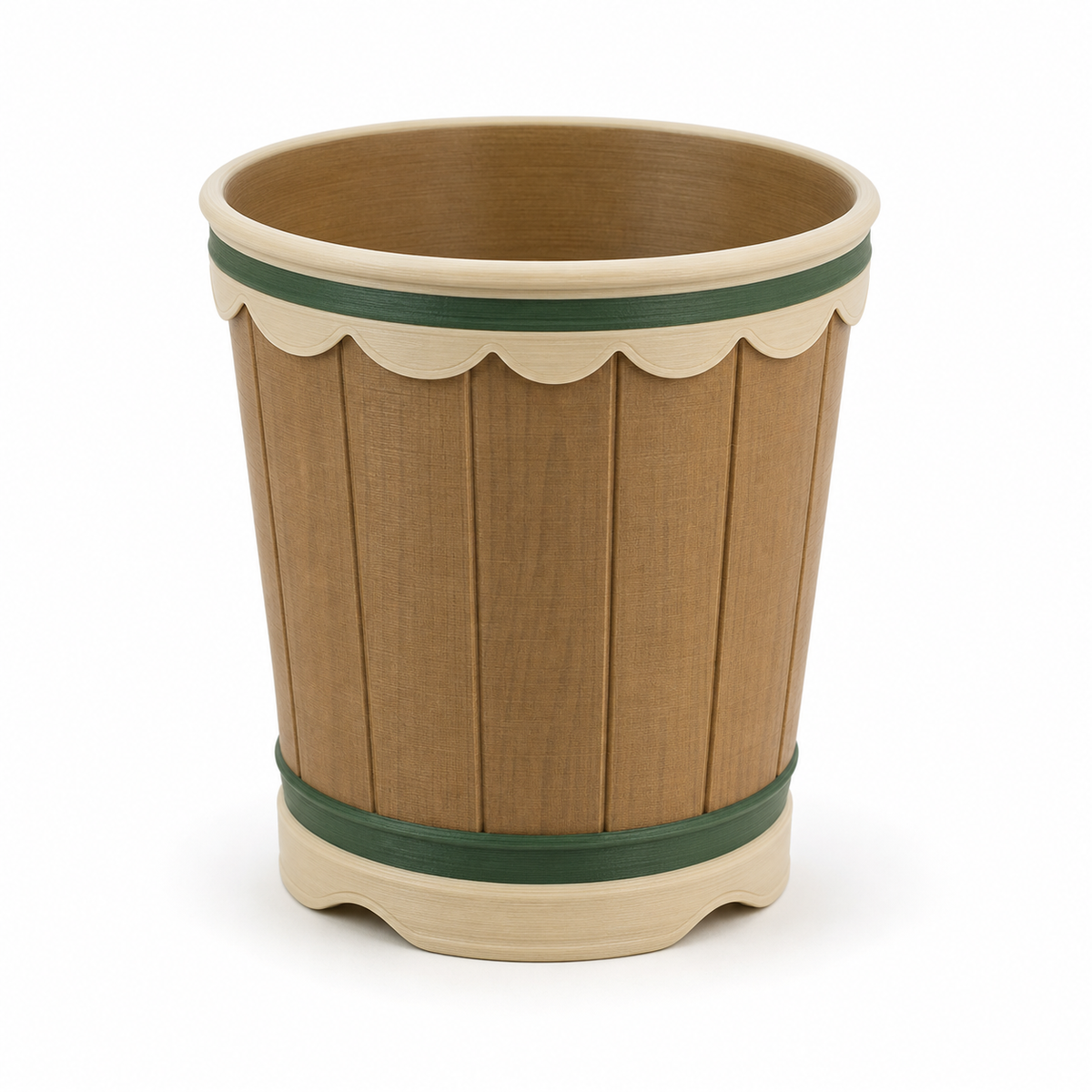 Product illustration of "round wastepaper bin mit Zierkante" on white background: Recycled bin; Basic shape: open conical round shape on a curved foot; Design: vertical panels and a circumferential arc frieze; Colours: natural brown, cream and dark green.