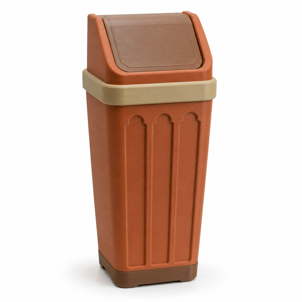 Hoher Abfallbehälter mit Schwingdeckel – Produktansicht auf weißem Hintergrund; Farben: Terrakotta, Beige und Dunkelbraun.