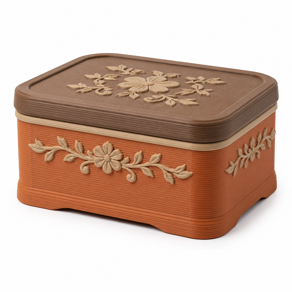 Product illustration of "Deckbox with floral shelf" on white background: storage box; Basic shape: rounded rectangular box shape with flat lid; Design: slightly protruding lid and curved edge; Colours: terracotta, brown and beige.