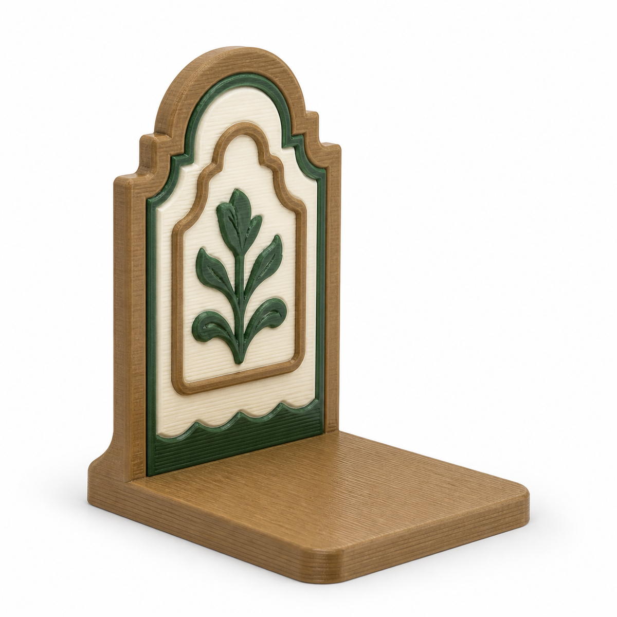 Product illustration of “booking with framed leaf motif” on a white background: booking; Basic shape: right-angled support with high arc-shaped rear wall; Design: multiple curved frame strips and a central plant relief; Colours: natural brown, beige and dark green.