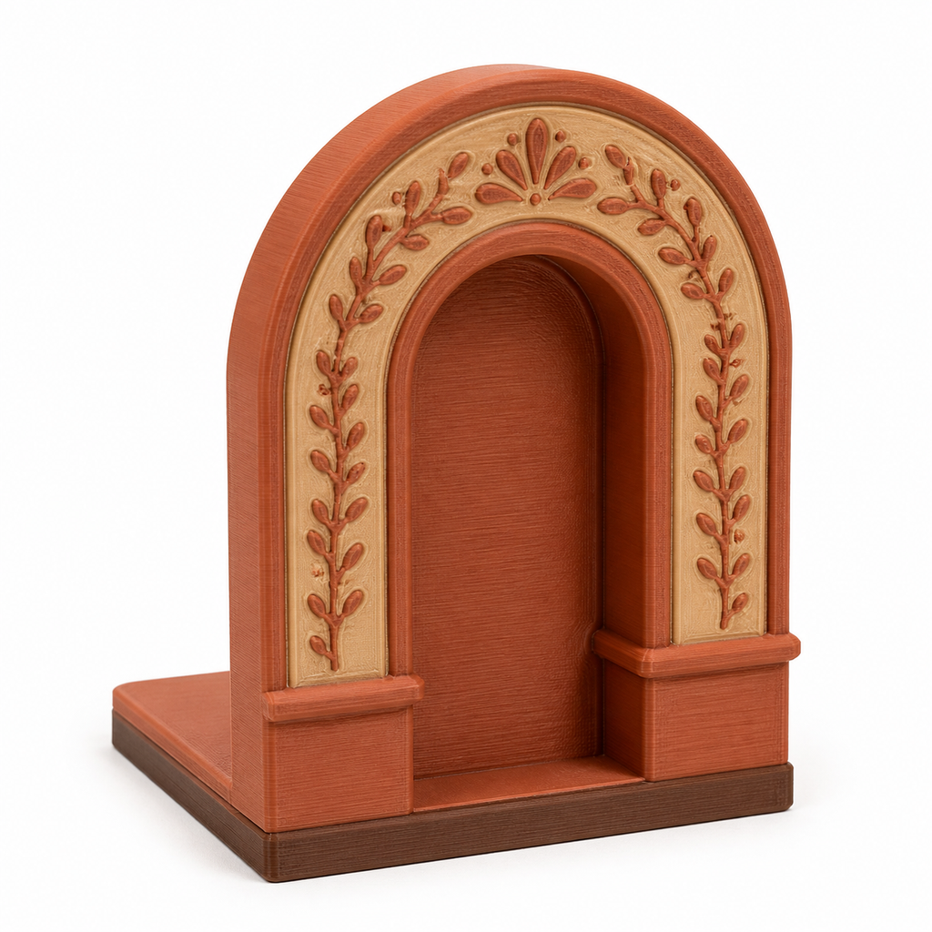 Buchstütze mit Rundbogen und Blütenranke – Produktansicht auf weißem Hintergrund; Farben: Terrakotta, Beige und Dunkelbraun.