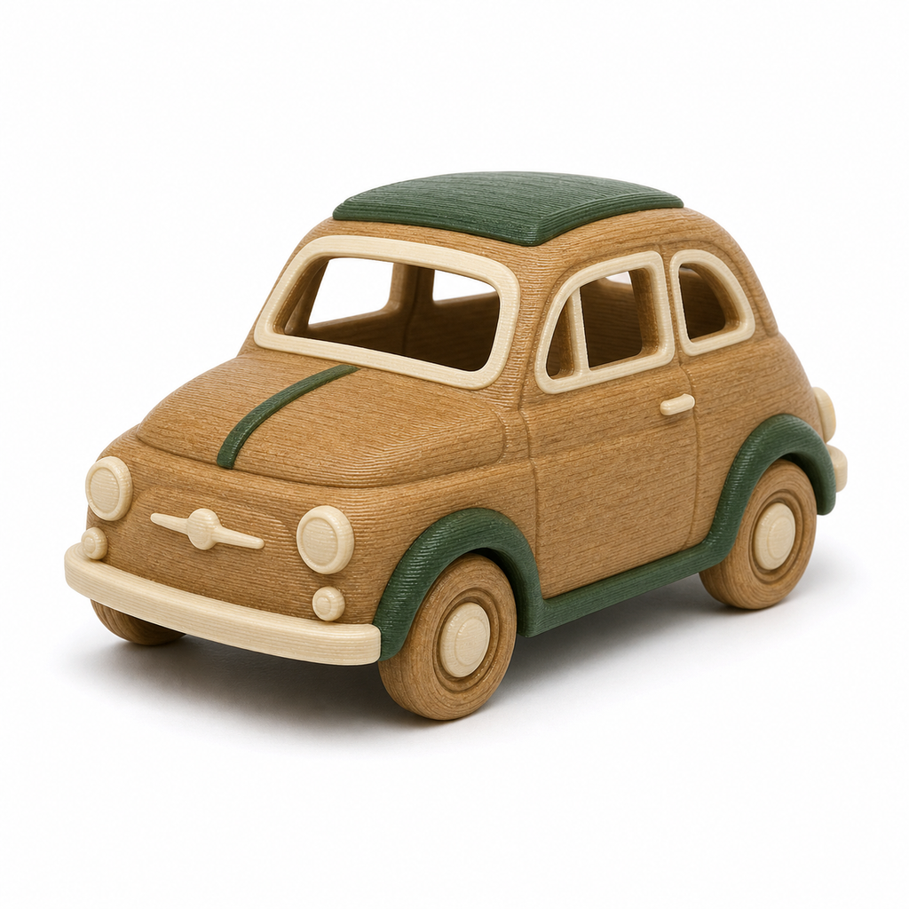 Product illustration of “Decorative small car model in country house style” on white background: vehicle figure; Basic shape: compact rounded small car shape with four visible wheels; Design: worked out windows, luminaires and bumpers; Colours: natural brown, cream and dark green.