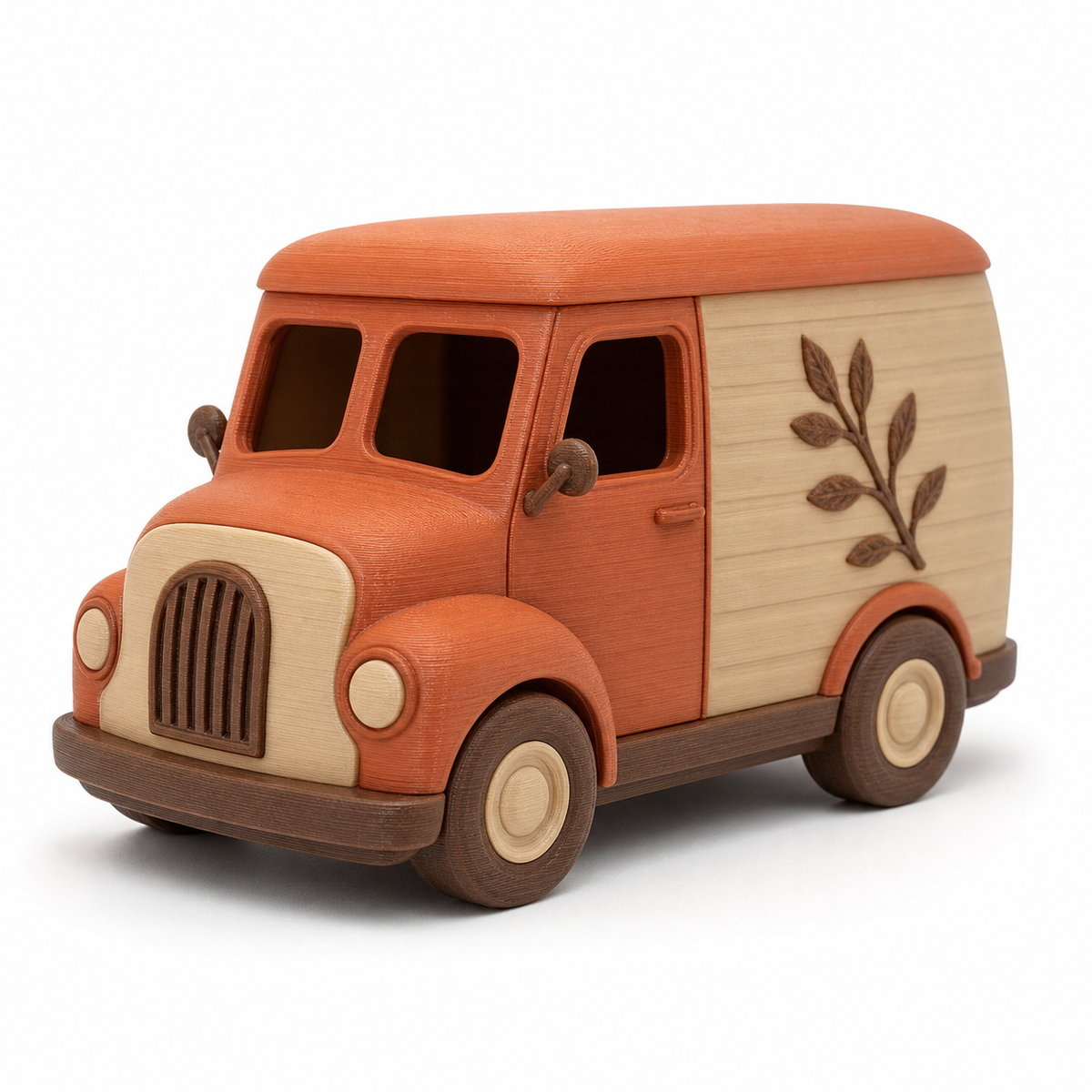 Product image of "Decorative van model with branch motif" on white background: vehicle figure; Basic shape: box-shaped van with short front and high load capacity; Design: elaborated windows, wheels and a fluted grille; Colours: terracotta, beige and dark brown.
