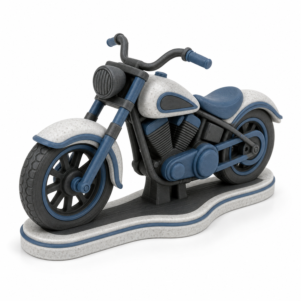 Product illustration of "Decorative motorcycle model in grey-blue" on white background: vehicle figure; Basic shape: classic motorcycle shape on a flat curved base; Design: detailed wheels, engine part, seat and handlebar; Colours: white, grey-blue and dark grey.