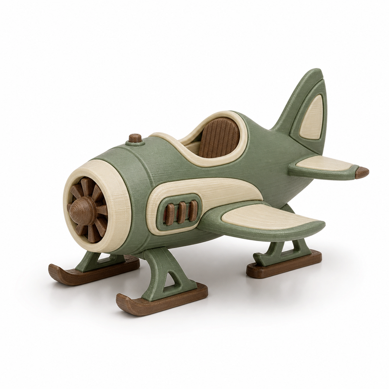 Product image of "Decorative propeller aircraft in sage green" on white background: vehicle figure; Basic shape: compact aircraft shape with front propeller, wings and rear guide; Design: an open cockpit recess and two small chassis runners; Colours: sage green, cream and brown.