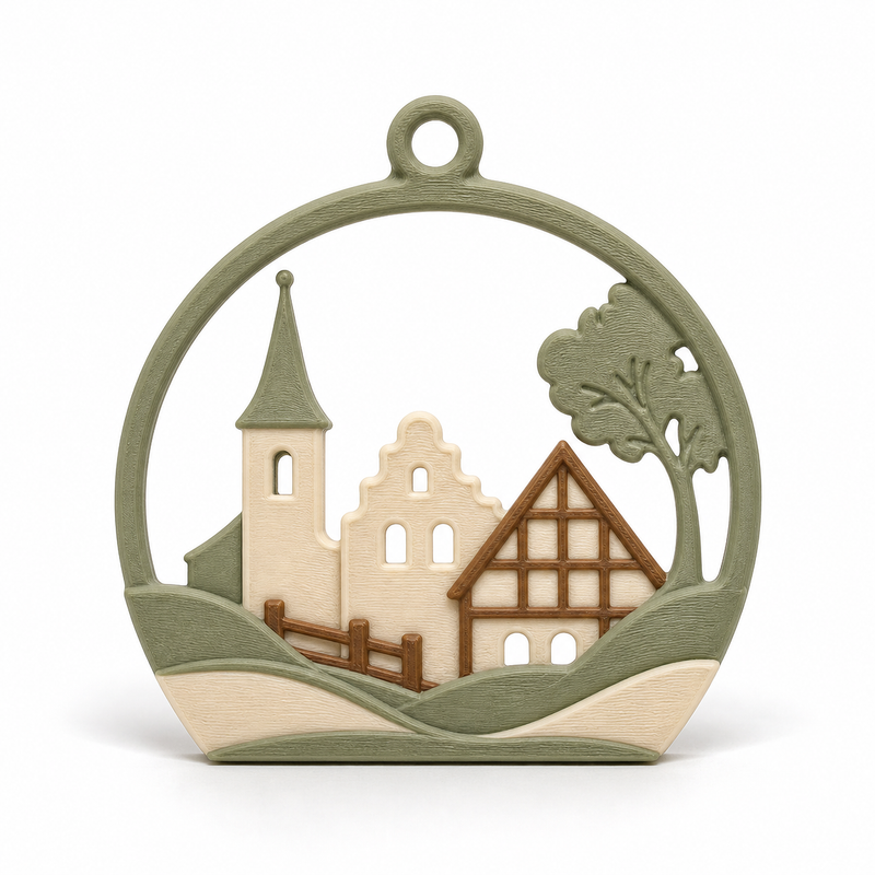 Product illustration of “round window ornament with village motif” on white background: window ornament; Basic shape: round open frame shape with integrated landscape silhouette; Design: church tower, half-timbered house, tree and curved hills; Colours: sage green, cream and brown.