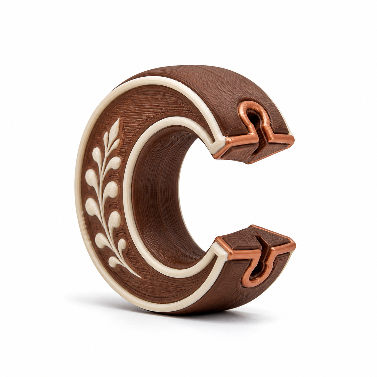 Product illustration of "Open curtain holder with arrow ends" on white background: curtain holder; Basic shape: strong open C-shape with two outwardly directed end pieces; Design: a double curved inner contour and reliefed leaf ranks; Colours: dark brown, cream and copper.