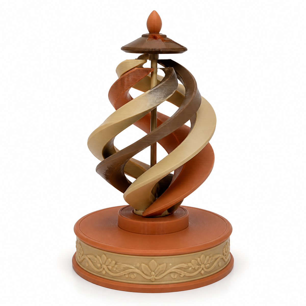Product illustration of "Spiral garden decoration on round base" on white background: garden sculpture; Basic shape: high twisted ornamental shape on a round stepped base; Design: several interlocking wide spiral tapes and an upper ornamental button; Colours: terracotta, beige and brown.