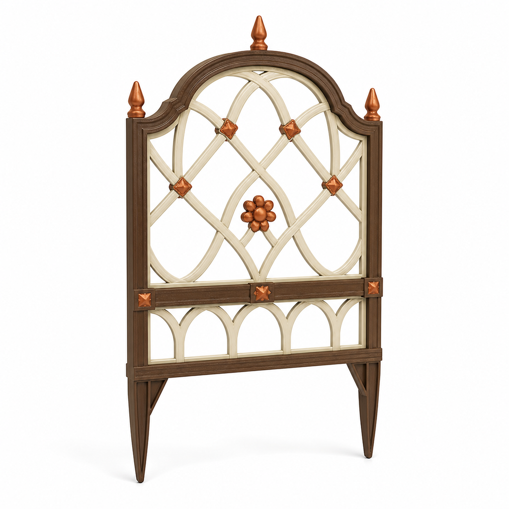 Product illustration of "Decorative Rank Grid with Round Bow" on a white background: Rank Grid; Basic shape: high arched frame on two pointed minds; Design: a diagonal diamond grid, small arcades and floral nodes; Colours: dark brown, cream and copper.