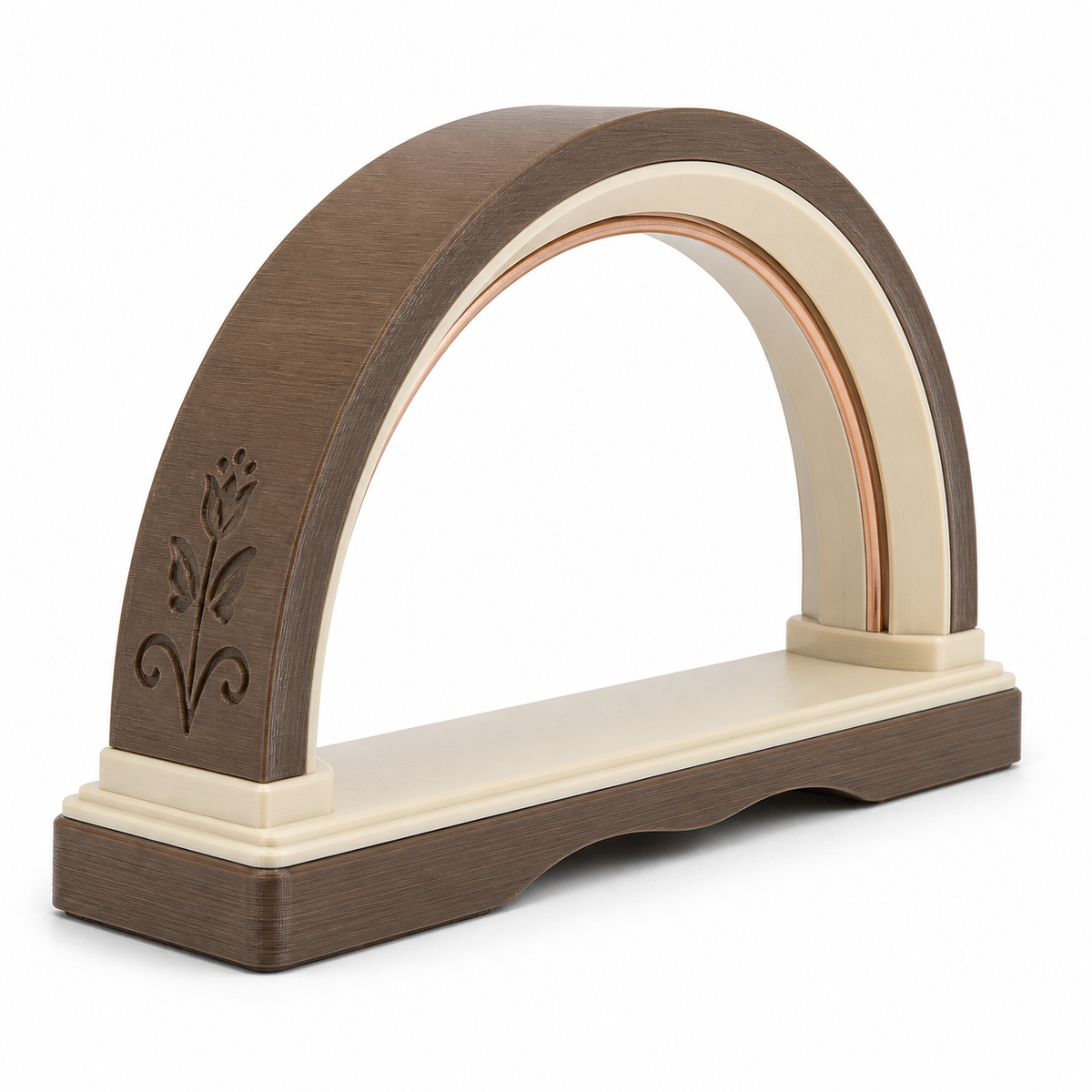 Product image of "Arc-shaped LED light with plant relief" on a white background: LED light; Basic shape: wide free-standing sheet on a long rectangular base; Design: a massive two-colour frame and a subtle lateral plant relief; Colours: dark brown, cream and copper.