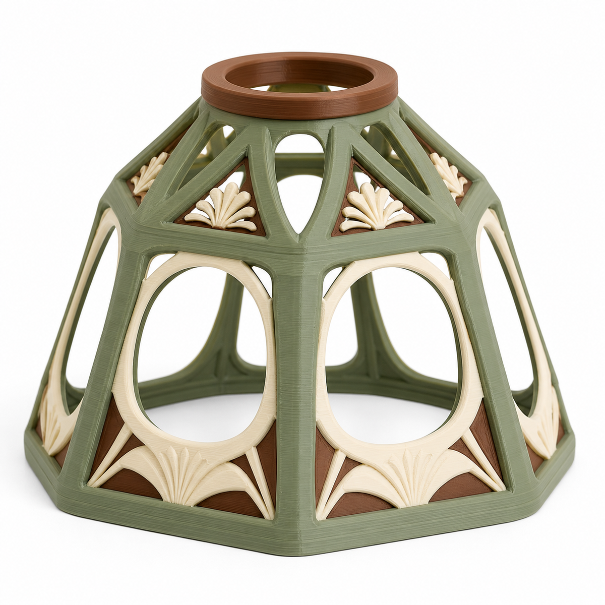 Product image of "Open lampshade with lily ornaments" on white background: lampshade; Basic shape: wide polygonal dome shape with round upper opening; Design: large arc-shaped openings and narrow bearing struts; Colours: sage green, cream and brown.