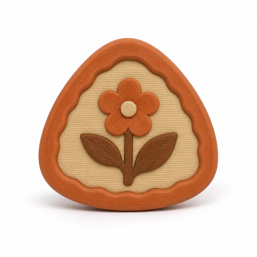 Abgerundeter Magnet mit Blumenmotiv – Produktansicht auf weißem Hintergrund; Farben: Terrakotta, Beige und Braun.