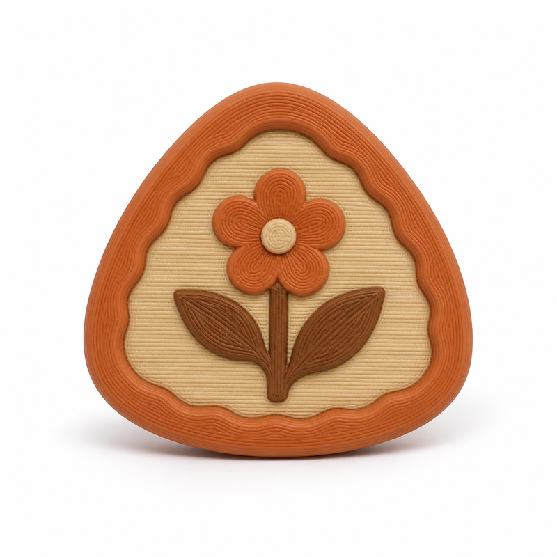 Abgerundeter Magnet mit Blumenmotiv – Produktansicht auf weißem Hintergrund; Farben: Terrakotta, Beige und Braun.