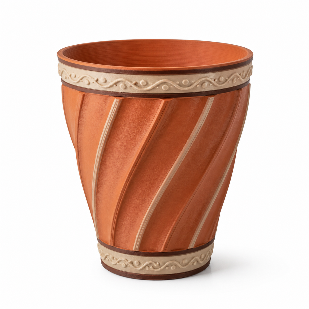 Product illustration by “Hoher plant pot with spiral ribs” on a white background: plant pot; Basic shape: high slightly conical vessel shape with round closure ribs; Design: wide diagonally twisted outer ribs and reliefed triangle; Colours: terracotta, beige and brown.