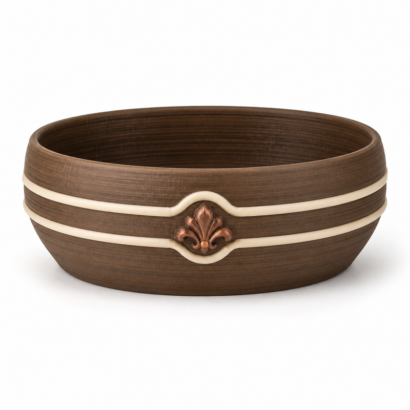 Product illustration by “Flat planter bowl with lily medallion” on white background: planter bowl; Basic shape: low wide oval shell with multiple borders; Design: two circular light bands and a plastic front medallion; Colours: dark brown, cream and copper.