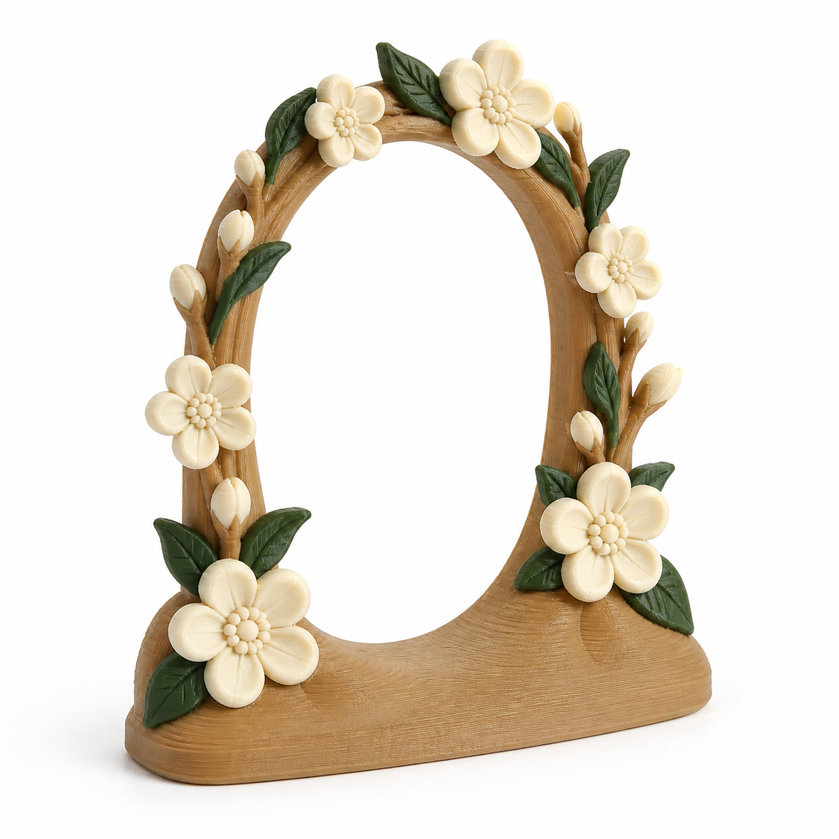 Product illustration of "Standing flower wreath in country style" on white background: seasonal decoration; Basic shape: oval open wreath on a wide curved basis; Design: circumferential branches, numerous leaves and several plastic flowers; Colours: natural brown, cream and dark green.