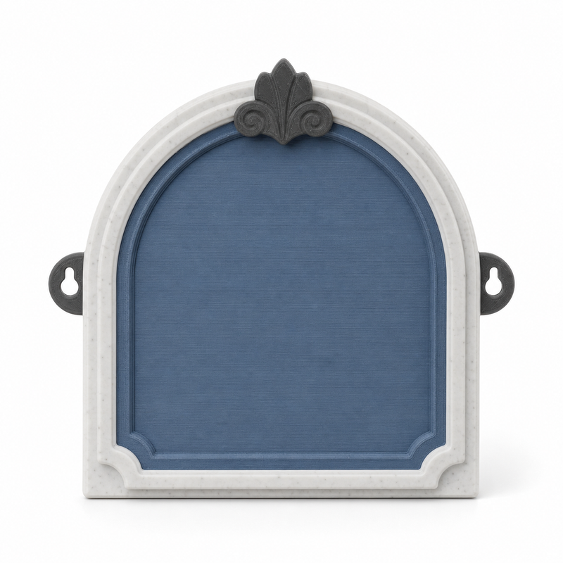 Product illustration of "Arc-shaped door sign in grey-blue" on white background: door sign; Basic shape: high arc shape with two side attachment eyelets; Design: a wide white outer frame and a plastisches upper ornament; Colours: white, grey-blue and dark grey.