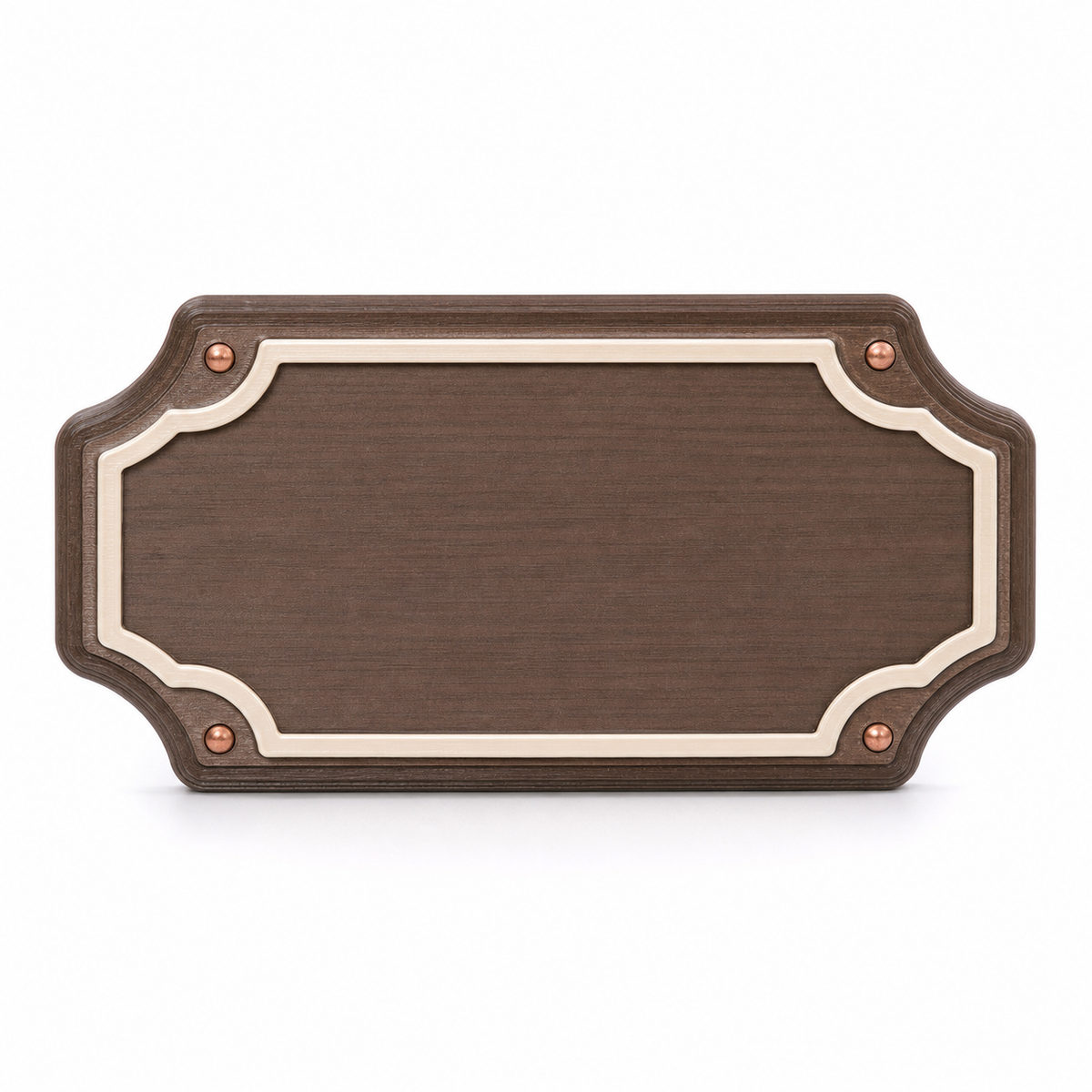 Product illustration of "Rectangular wall sign with curved contour" on white background: wall sign; Basic shape: wide rectangular shield shape with drawn sides and rounded corners; Design: a double bright inner line and small side fastening points; Colours: dark brown, cream and copper.
