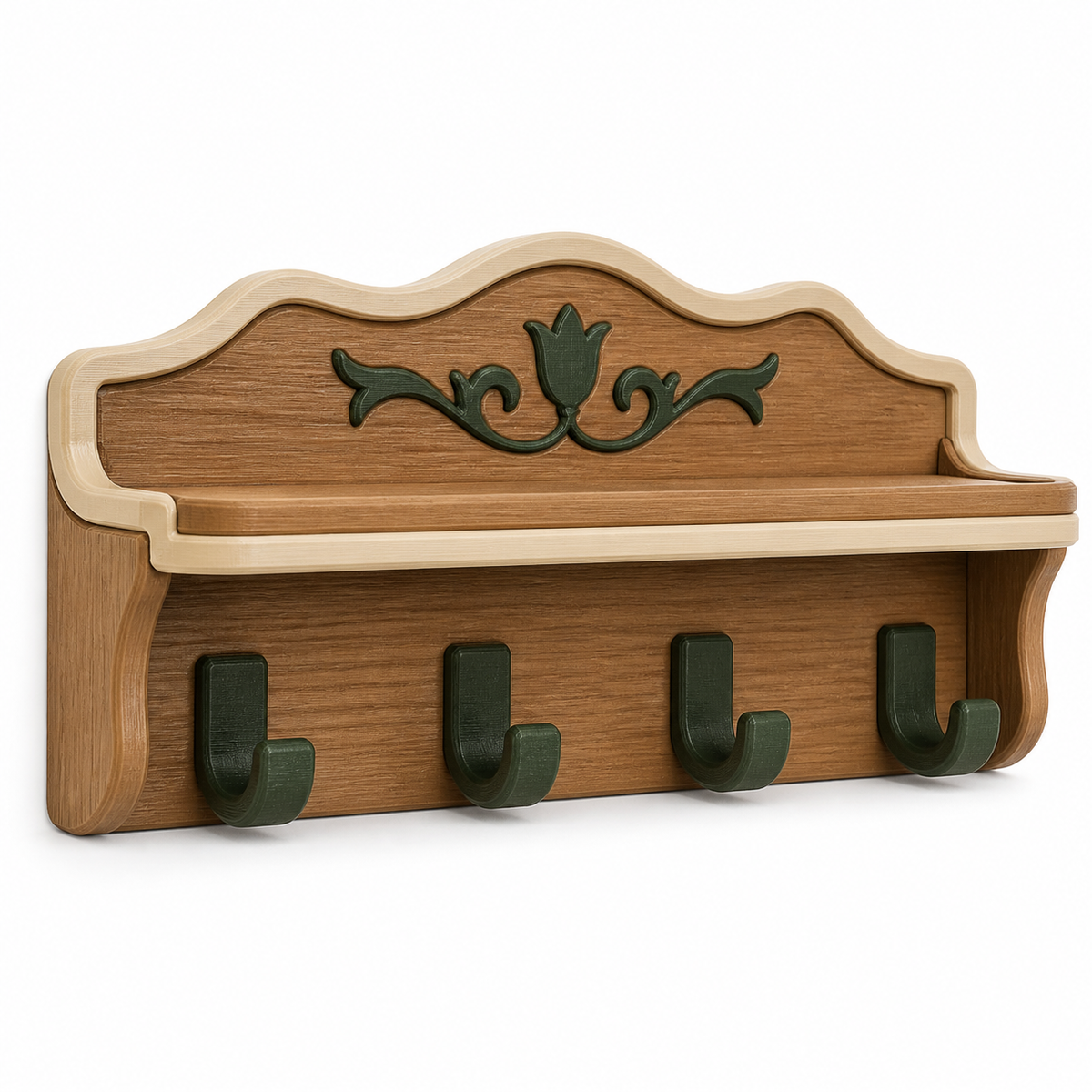 Product illustration of "key rack with shelf and four green hooks" on white background: key rack; Basic shape: wide curved rear wall with narrow shelf and four lower hooks; Design: a curved upper Abslus and a central shelf relief; Colours: natural brown, cream and dark green.