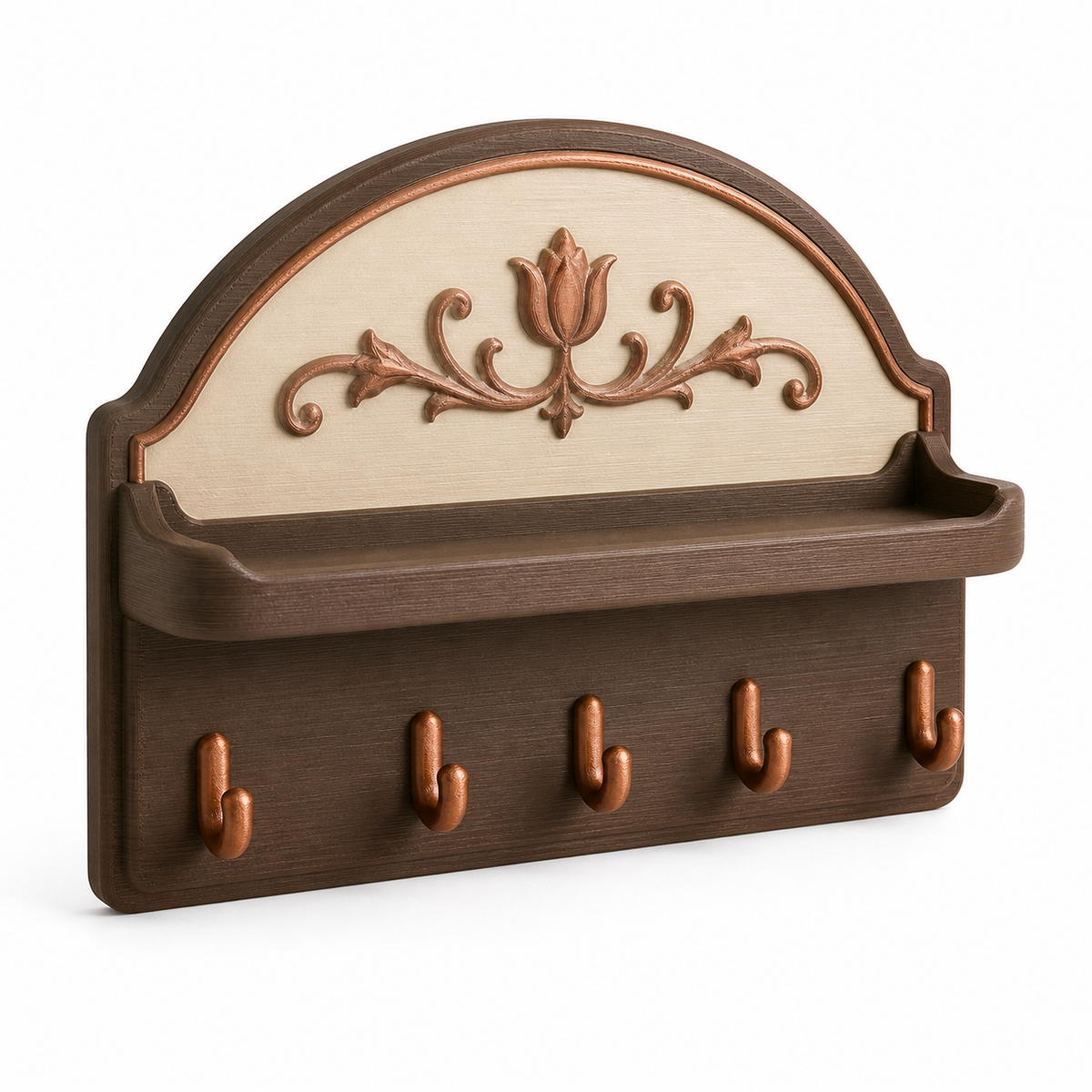 Product illustration of "Arc-shaped key rack with five copper hooks" on a white background: key rack; Basic shape: wide arc-shaped rear wall with long shelf and five lower hooks; Design: a bright inner cassette and curved upper frame lines; Colours: dark brown, cream and copper.