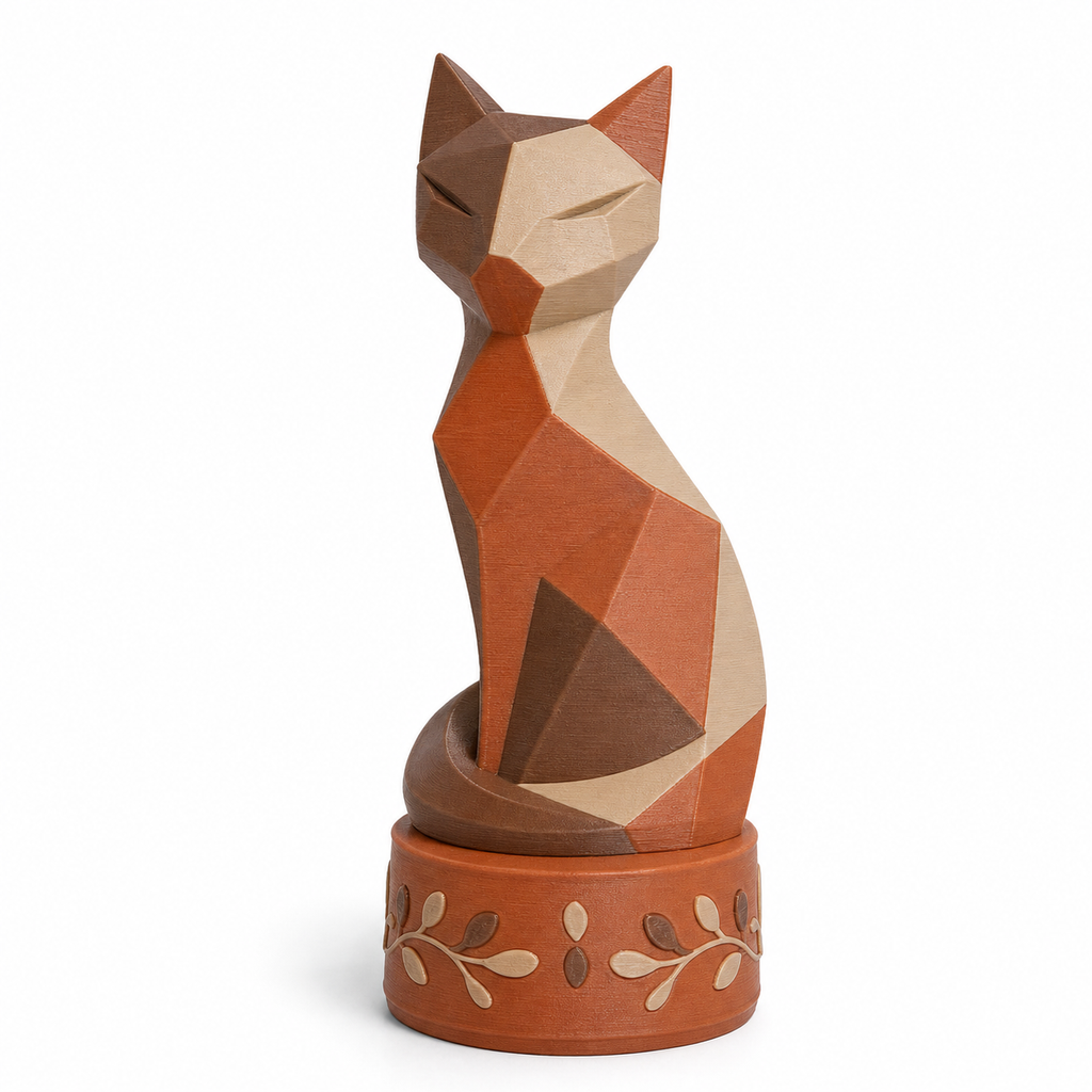 Facettierte Katzenfigur auf Blütensockel – Produktansicht auf weißem Hintergrund; Farben: Terrakotta, Beige und Braun.