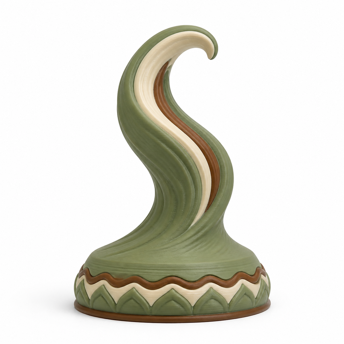 Product image of "Swinged Flames Sculpture in sage green" on white background: Deco sculpture; Basic shape: ascending S-shaped flame on a round decorated base; Design: several gently interlocking ribbons and a rolled tip; Colours: sage green, cream and brown.