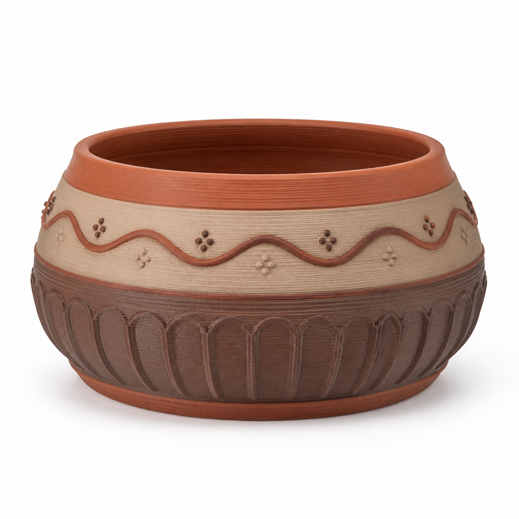 Product illustration by "Mulky bowl vase with wave-freeze" on white background: decorative vase; Basic shape: low wide-drawn vessel shape with wide round opening; Design: vertical base ribs and a circumferential curved trim; Colours: terracotta, beige and brown.