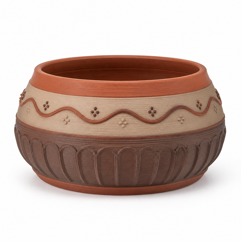 Product illustration by "Mulky bowl vase with wave-freeze" on white background: decorative vase; Basic shape: low wide-drawn vessel shape with wide round opening; Design: vertical base ribs and a circumferential curved trim; Colours: terracotta, beige and brown.