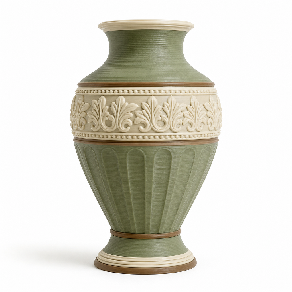 Product illustration of "Classic ornamental vase in sage green" on white background: decorative vase; Basic shape: belly symmetrical vase shape with narrow neck and exposed mouth; Design: vertical cannulas and a wide floral relief belt; Colours: sage green, cream and brown.