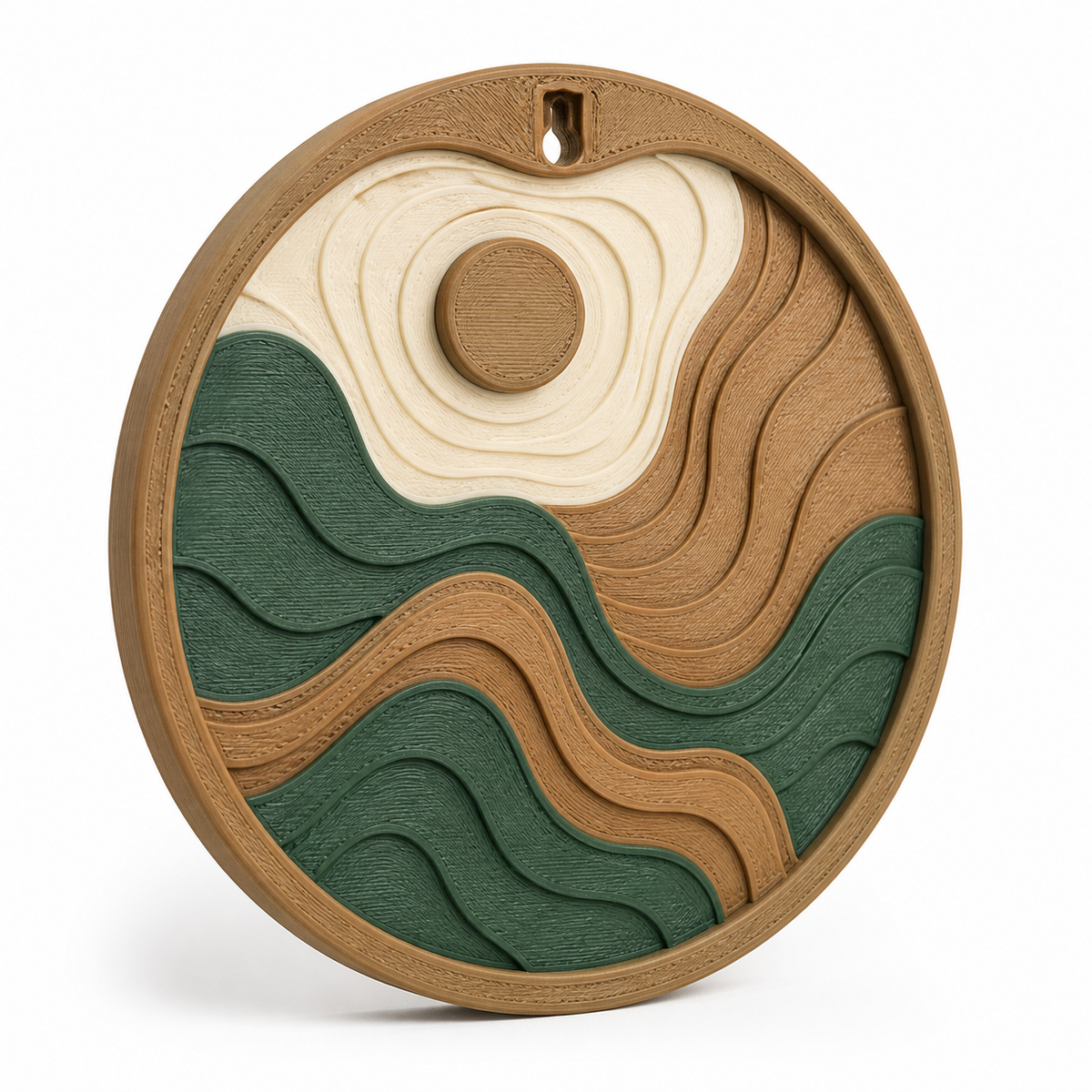 Product illustration by “round wall relief mit Hill Landscape” on white background: wall relief; Basic shape: round relief plate with small integrated suspension opening; Design: organic layered vertical lines, a sun and flowing landscape ribbons; Colours: natural brown, cream and dark green.