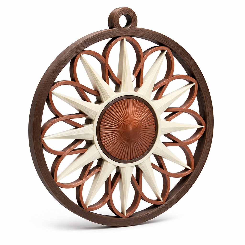 Product illustration of "round wall ornament mit Sonnenrosette" on white background: wall ornament; Basic shape: large perforated circular shape with upper suspension loop; Design: radial cream-colored tips and a wreath of curved flower arches; Colours: dark brown, cream and copper.