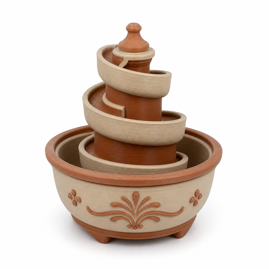 Product illustration of “spiral fountain with three waterways” on a white background: indoor fountains; basic shape: round collecting bowl with three spirally offset channels around a central tower; design: open curved watercourses and a small upper lid button; colours: terracotta, beige and brown.