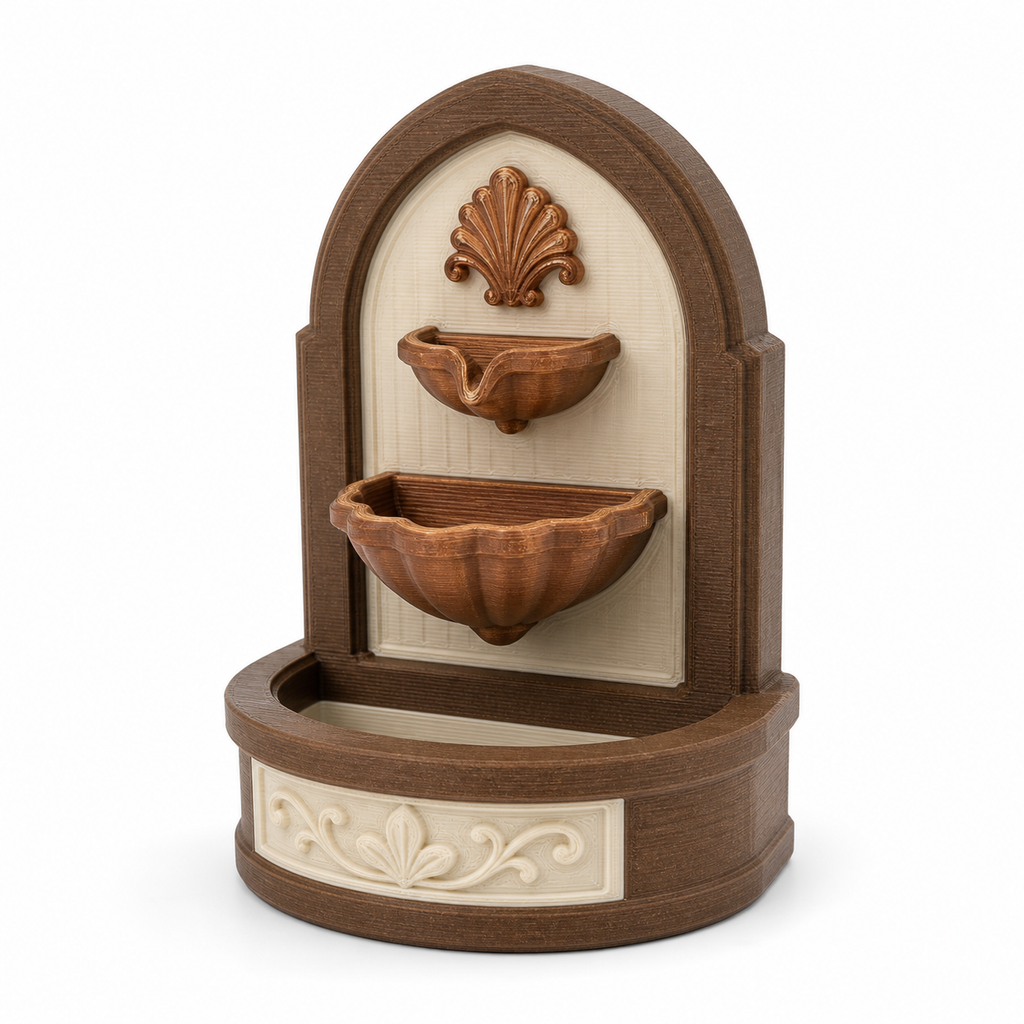 Bogenbrunnen mit Muschelschalen – Produktansicht auf weißem Hintergrund; Farben: Dunkelbraun, Creme und Kupferfarben.