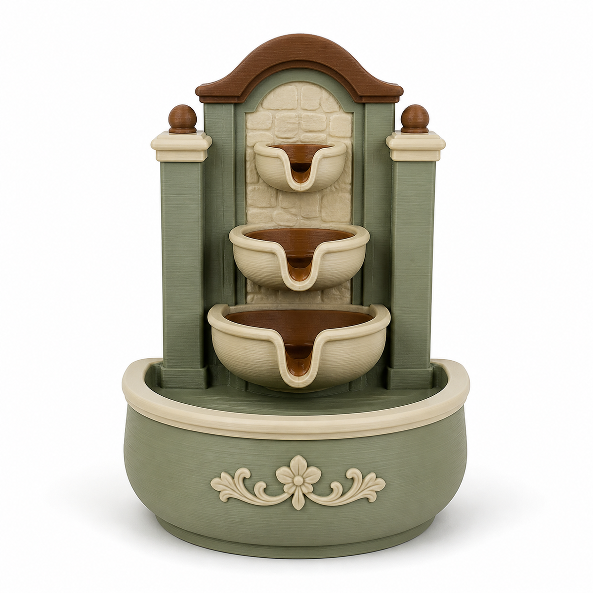 Product illustration by “Cascade fountain with three country house bowls” on a white background: Indoor fountains; Basic shape: high framed fountain wall with three staggered outlet bowls in a large round basin; Design: side columns, a curved roof and a reliefed front flower; Colours: sage green, cream and brown.