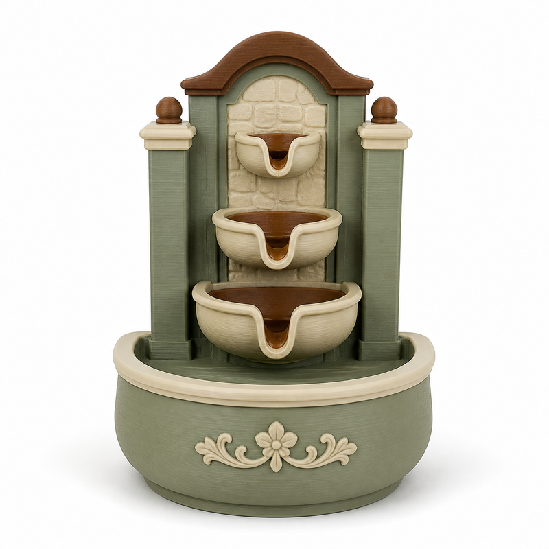 Product illustration by “Cascade fountain with three country house bowls” on a white background: Indoor fountains; Basic shape: high framed fountain wall with three staggered outlet bowls in a large round basin; Design: side columns, a curved roof and a reliefed front flower; Colours: sage green, cream and brown.