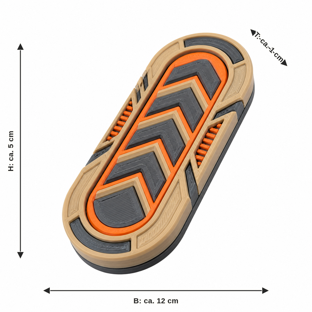 Dimensional image for Elongated magnet with Chevron pattern – Futuristic: width approx. 12 cm, depth approx. 1 cm, height approx. 5 cm