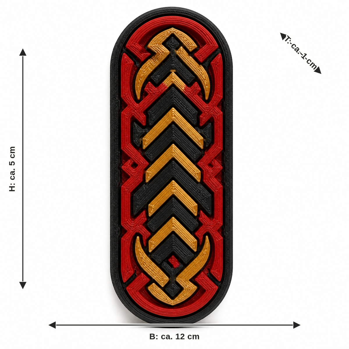 Maßbild für Länglicher Magnet mit Gold-Chevrons: Breite ca. 12 cm, Tiefe ca. 1 cm, Höhe ca. 5 cm
