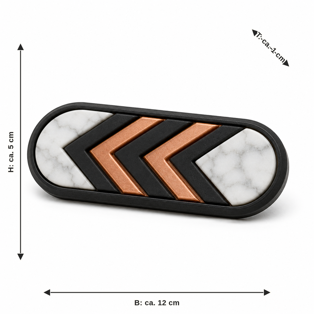 Maßbild für Länglicher Magnet mit Kupfer-Chevrons: Breite ca. 12 cm, Tiefe ca. 1 cm, Höhe ca. 5 cm