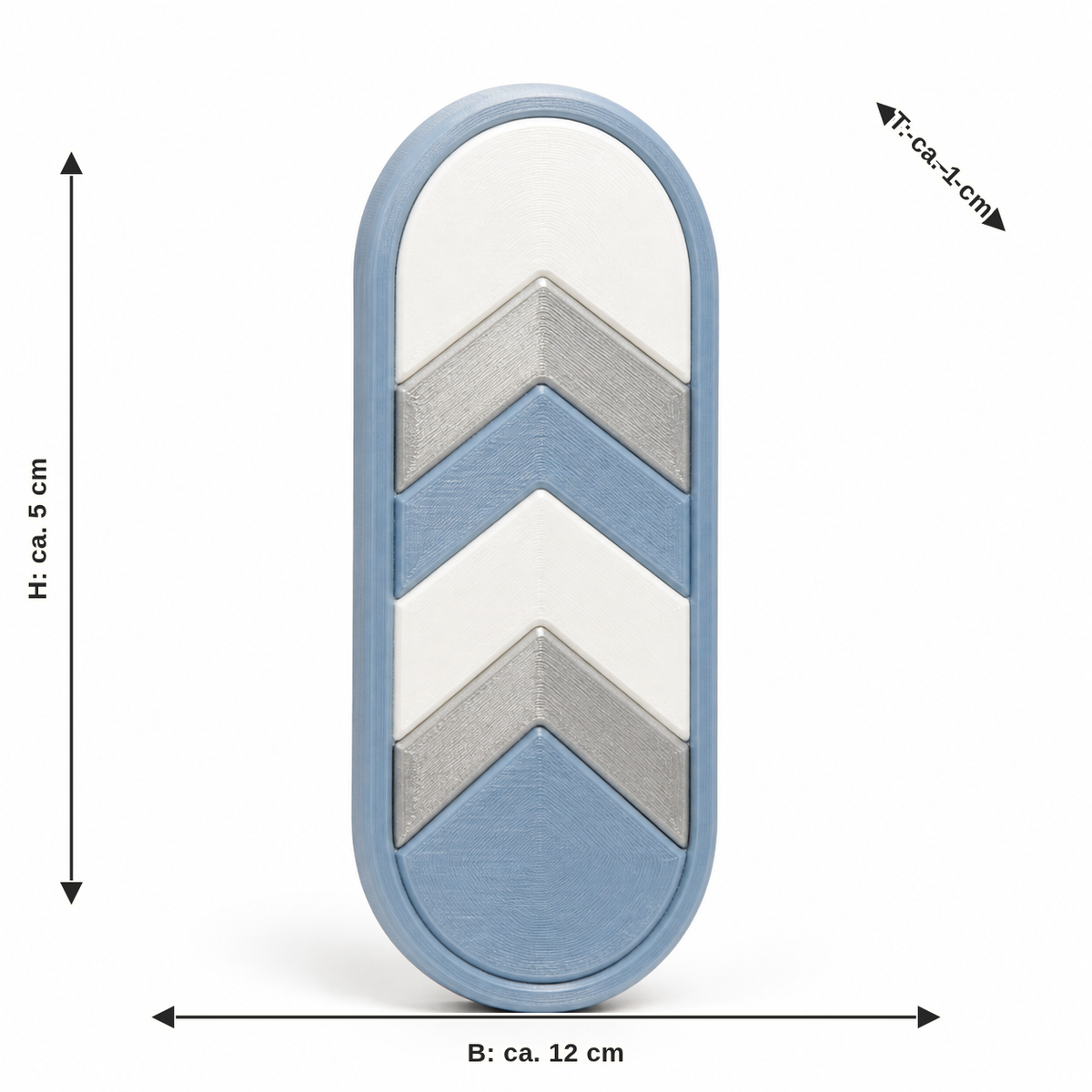 Maßbild für Länglicher Magnet mit sanften Chevrons: Breite ca. 12 cm, Tiefe ca. 1 cm, Höhe ca. 5 cm