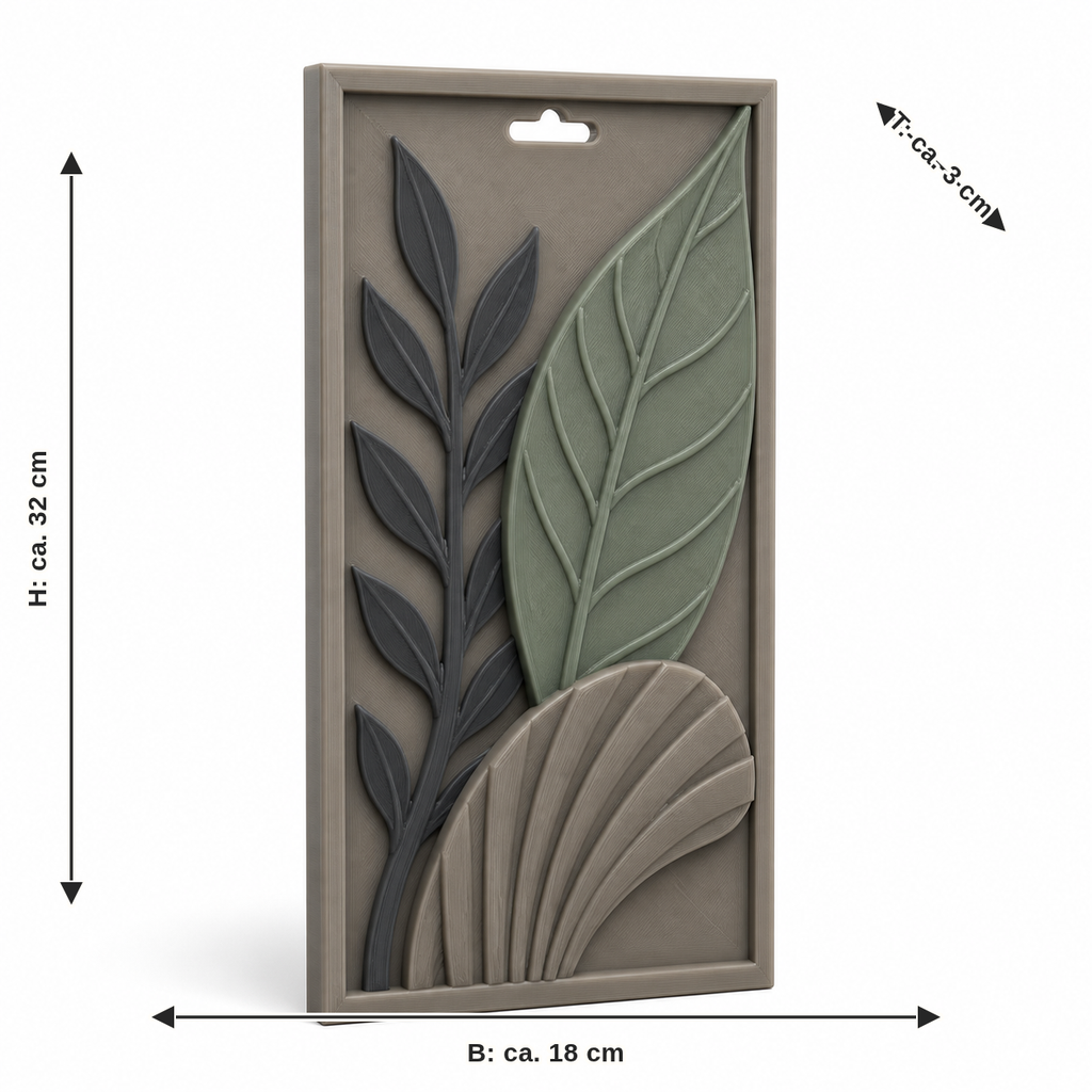 Maßbild für Längliches Wandornament mit abstrakten Blättern: Breite ca. 18 cm, Tiefe ca. 3 cm, Höhe ca. 32 cm