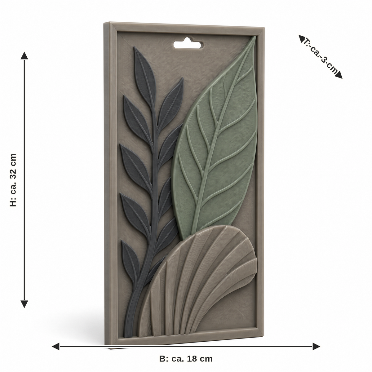 Dimensional image for Elongated wall ornament with abstract leaves: width approx. 18 cm, depth approx. 3 cm, height approx. 32 cm
