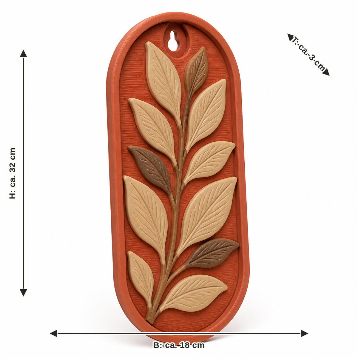 Dimensional image for Elongated wall ornament with leaf branch: width approx. 18 cm, depth approx. 3 cm, height approx. 32 cm
