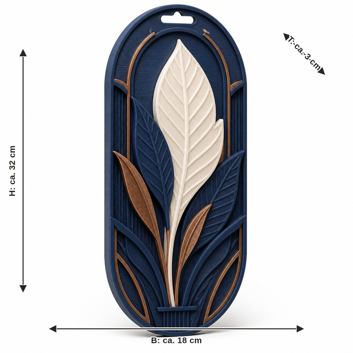 Dimensional image for Elongated wall ornament with spring relief: width approx. 18 cm, depth approx. 3 cm, height approx. 32 cm