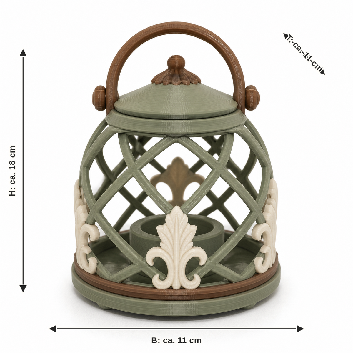 Maßbild für LED-Laterne mit Rautengitter: Breite ca. 11 cm, Tiefe ca. 11 cm, Höhe ca. 18 cm